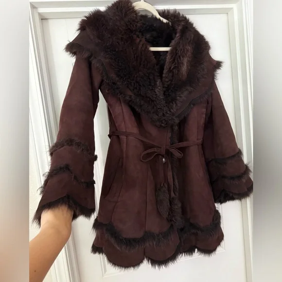RARE Vintage Suede Shearling HEAVY COAT super warm made in USA Fit & Flare sz L - Picture 5 of 17